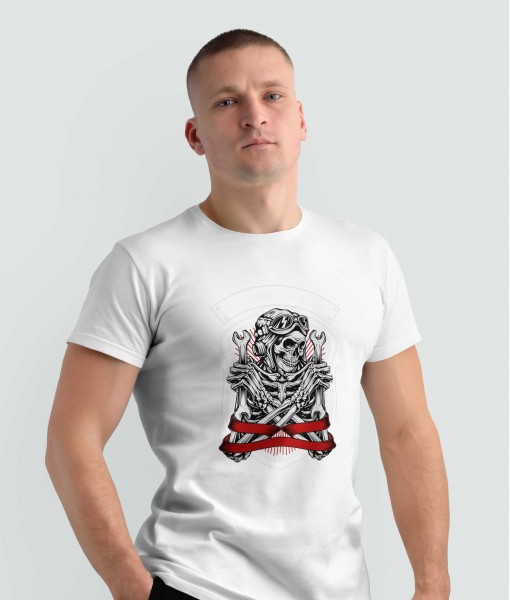 Мъжка тениска с щампа Готика Череп Механик със собствен текст - TShirtArtShop.com